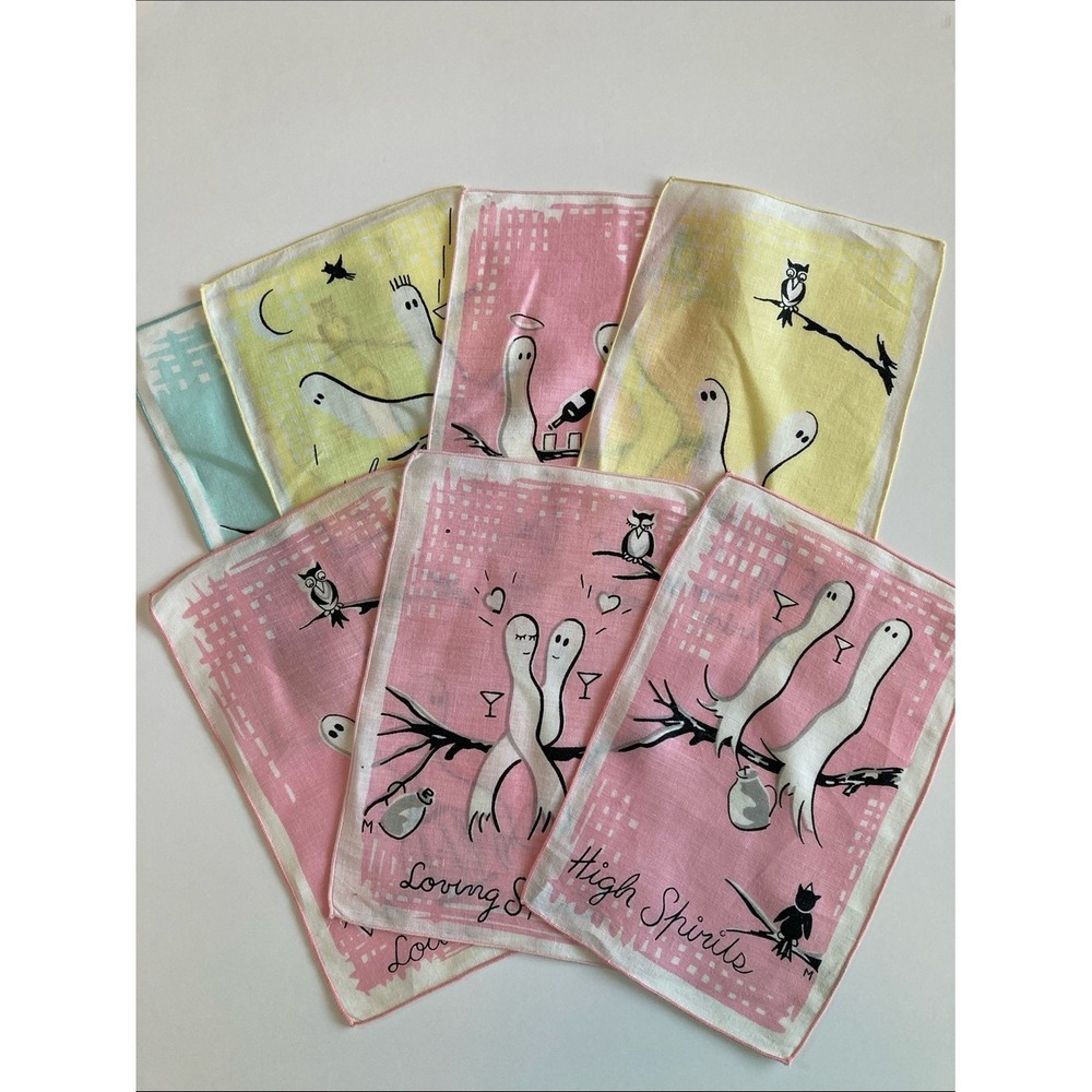 Leacock & Co Rare Vintage MCM 1950s Spirits Little Owl Cocktail Napkin Set 7